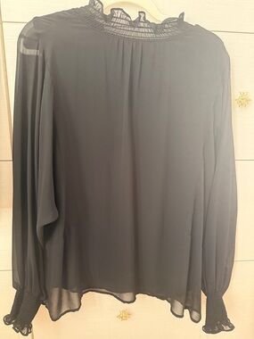 Vince Camuto Black Smocked Ruffle Neck Top